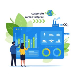 Illustration moderne d'un dirigeant et d'une collaboratrice analysant des graphiques de bilan carbone sur un grand écran. Des icônes symbolisent l'énergie, les transports et les usines. L'arrière-plan montre des feuilles vertes et une planète, représentant la durabilité en entreprise.
