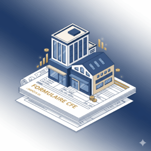 Illustration professionnelle représentant un bâtiment d’entreprise stylisé (bureaux, commerce, atelier) posé sur des documents fiscaux ou un formulaire symbolisant la Cotisation Foncière des Entreprises (CFE)
