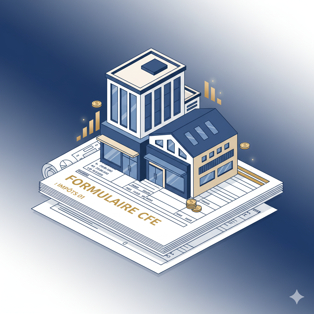 Illustration professionnelle représentant un bâtiment d’entreprise stylisé (bureaux, commerce, atelier) posé sur des documents fiscaux ou un formulaire symbolisant la Cotisation Foncière des Entreprises (CFE)