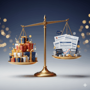 Balance montrant l'équilibre entre le cadeau et la relation d'affaires