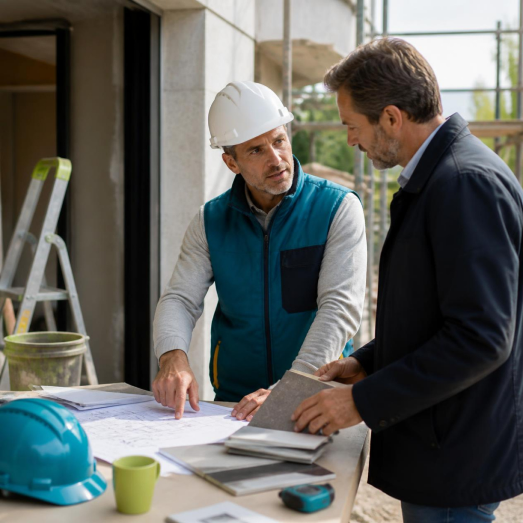 Une photo de haute qualité montrant un artisan du BTP en tenue de chantier échangeant avec un client