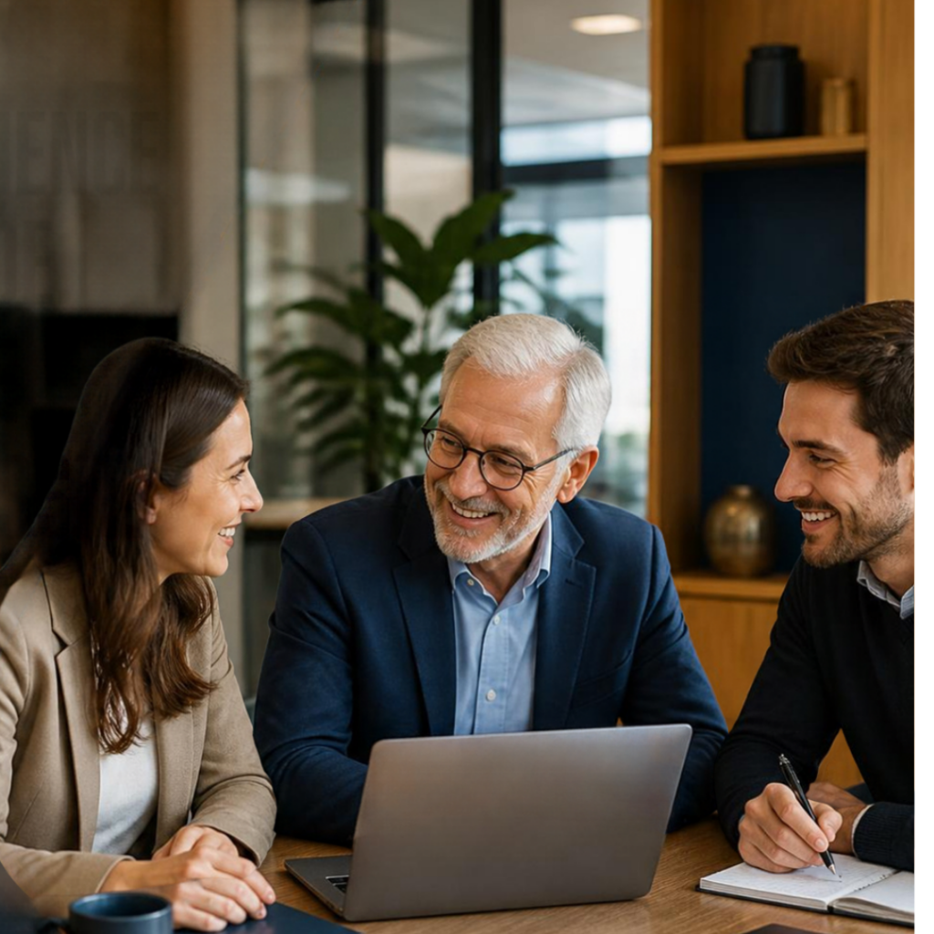 Un manager senior souriant et collaborant avec deux jeunes collègues.